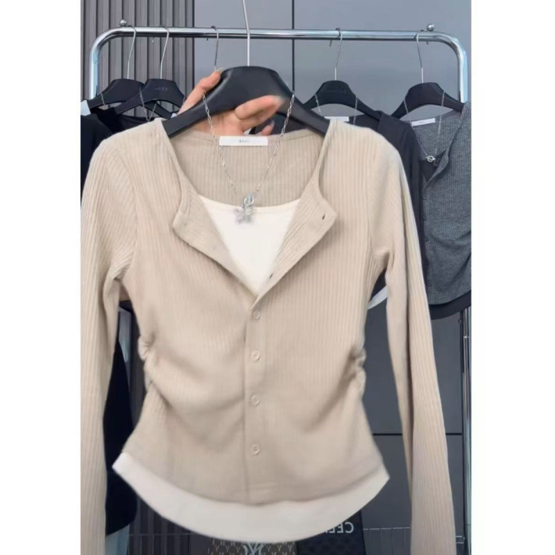 コントラストカラーステッチフェイクツーピースシングルブレスト長袖シャツ女性用2025秋プリーツウエスト痩身ボトムストップ|undefined