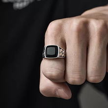 跨境仿黑玛瑙戒指男士古巴链个性设计开口尾戒食指戒百搭高级感