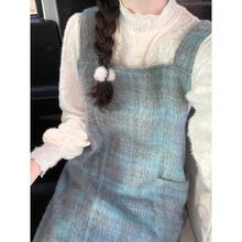 湖韩版长款背带裙格子蓝绿口袋一整套秋装新款秋冬连衣裙搭配毛呢