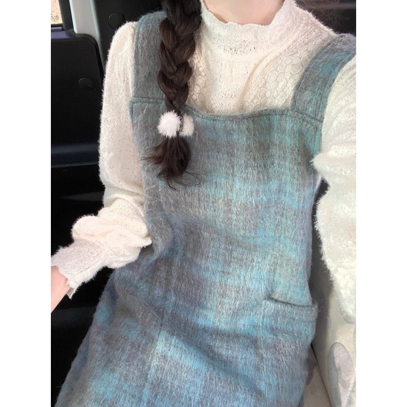 湖韩版长款背带裙格子蓝绿口袋一整套秋装新款秋冬连衣裙搭配毛呢