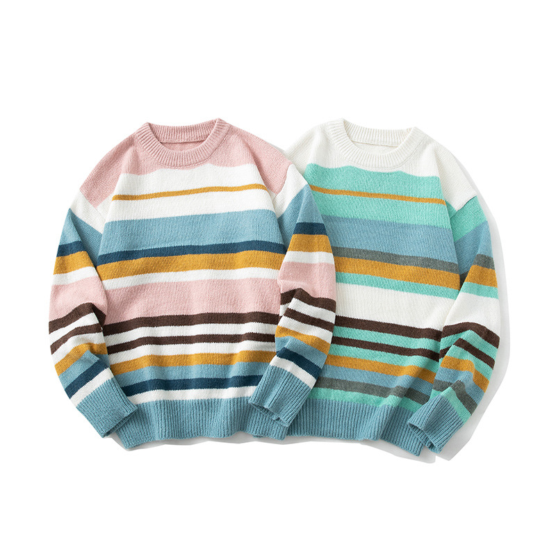 Pullover für Herren, amerikanischer Herbst und Winter, neuer Farbblock, gestreift, lockerer Lazy-Style, Paar-Strickpullover mit Regenbogenstreifen_voghion.com