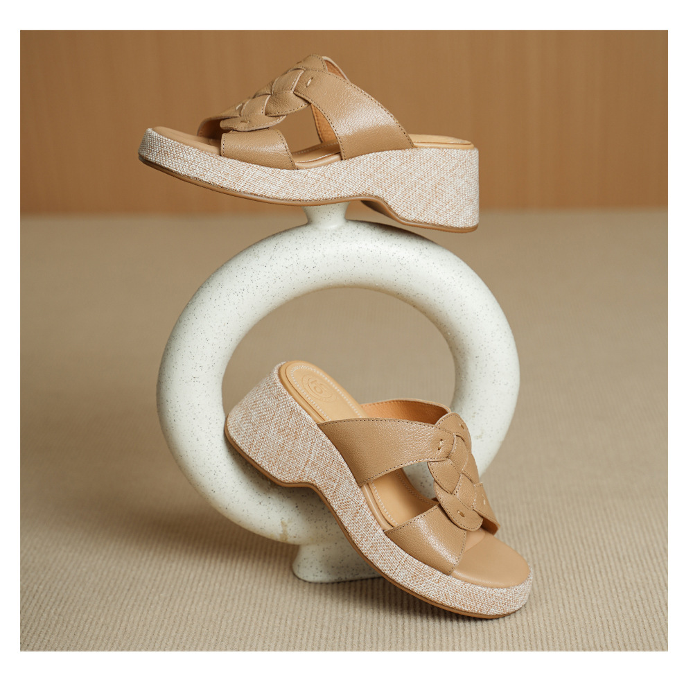 Sandal nữ da cừu gót xuồng hở mũi phong cách vintage — màu trắng ngà chi tiết 11