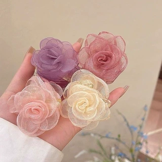 超仙网纱灼边玫瑰花发夹女高级感刘海抓夹小发卡温柔气质头饰发饰