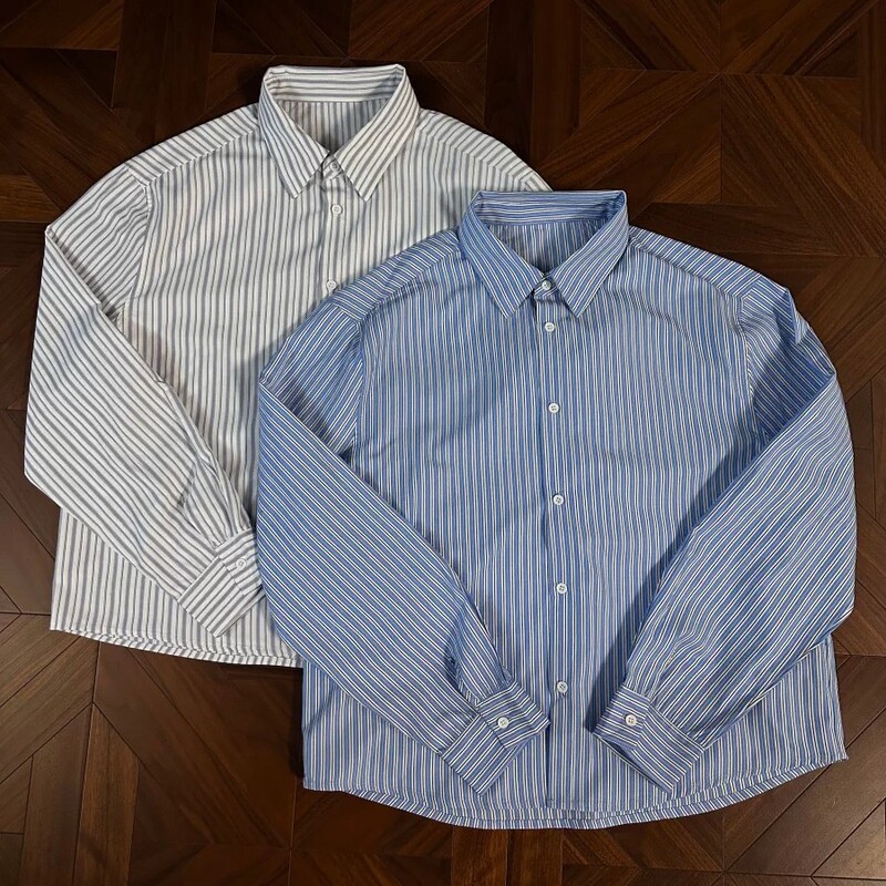 Drapey intellectual blue and white striped shirt, boxy loose high-end design shirt jacket top, trendy Drapey intellectual blue and white striped shirt, boxy loose high-end design shirt jacket top, trendy