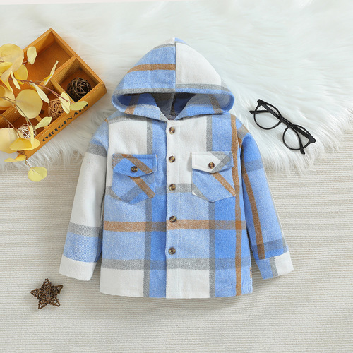 New Arrival Kids' Clothing: Boys' Spring and Autumn Outerwear—European and American Style Plaid Hooded Shirt for Children, Casual Shirt for Babies