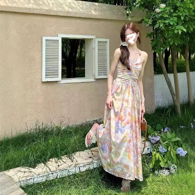 Французская ретро масляная живопись с цветочным шеей платье подтяжка женская летняя праздничная темперамент длинная юбка с открытой спиной
