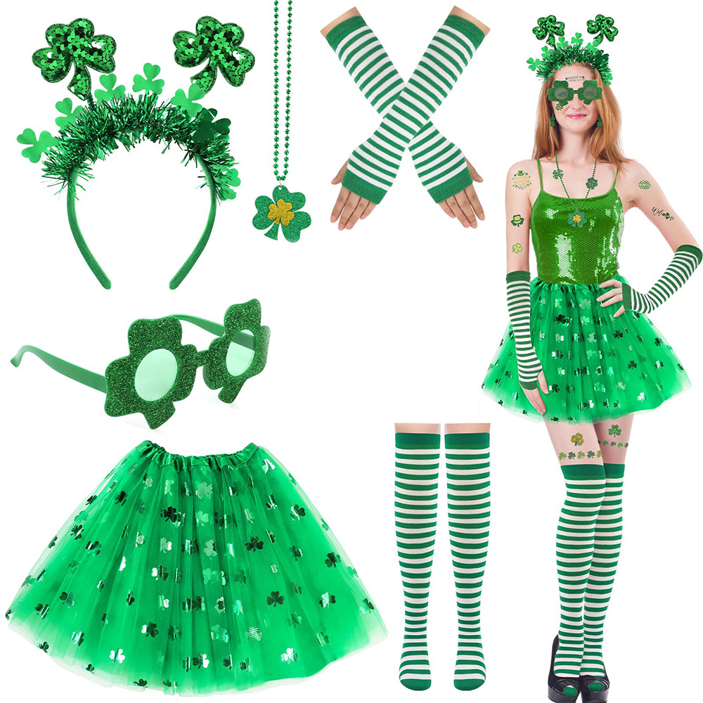 Amazon nuevo collar de trébol falda de gasa calcetines día de San Patricio collar suministros conjunto de festival de Irlanda