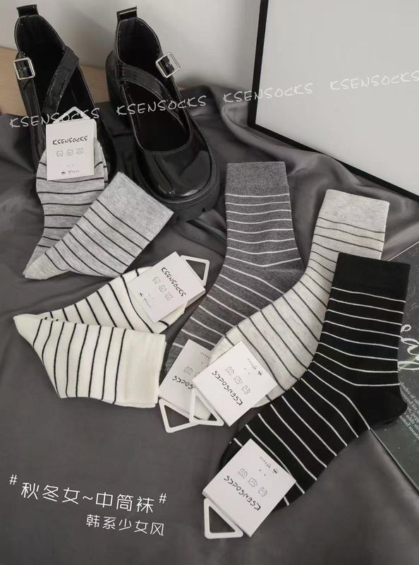 凯森中长筒袜秋冬新款女士韩系竖条格雷系灰色复古时尚百搭堆堆袜|undefined