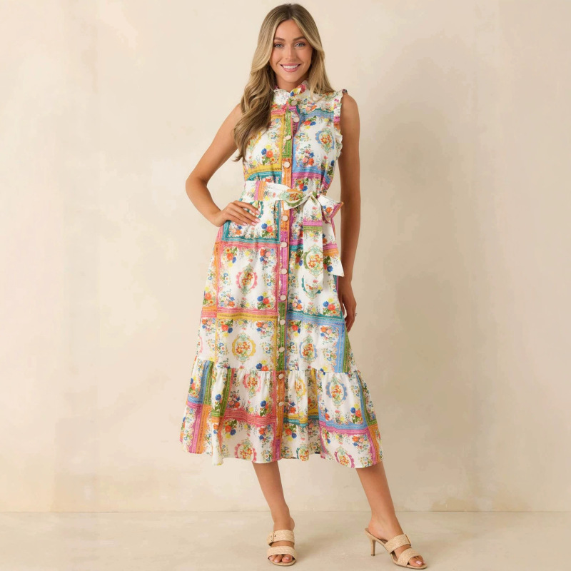 European and American Cross-Border Independent Website Women's Clothing Supply Fashion Floral Print Stand Collar Sleeveless Elegant New Linen Dress European and American Cross-Border Independent Website Women's Clothing Supply Fashion Floral Print Stand Collar Sleeveless Elegant New Linen Dress