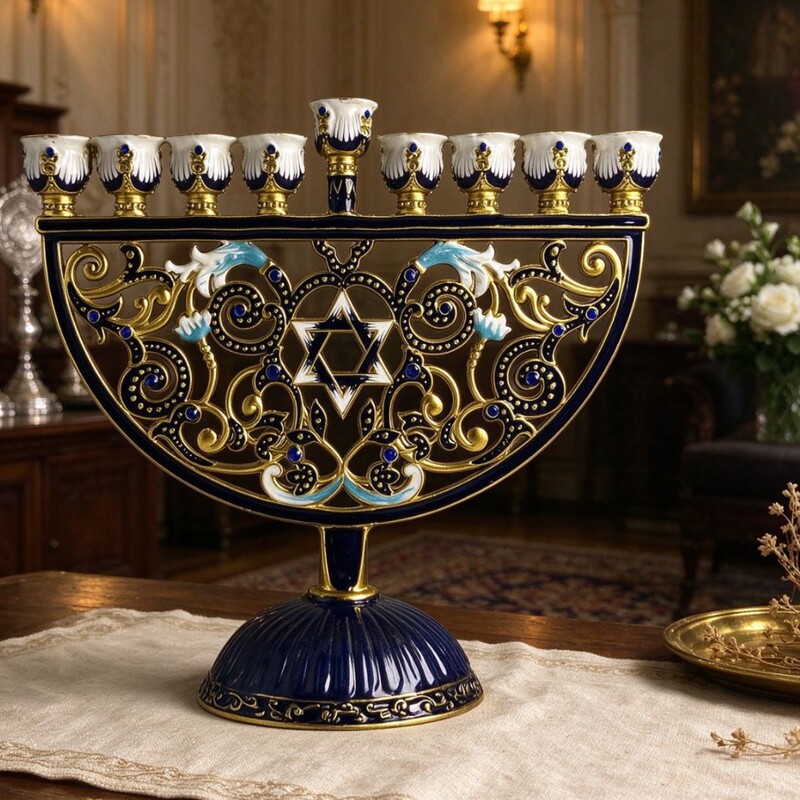 European-Style Enamel Metal Candlestick Ornament, Vintage Jewish Nine-Branched Candle Holder, Hanukkah Home Decoration, Export