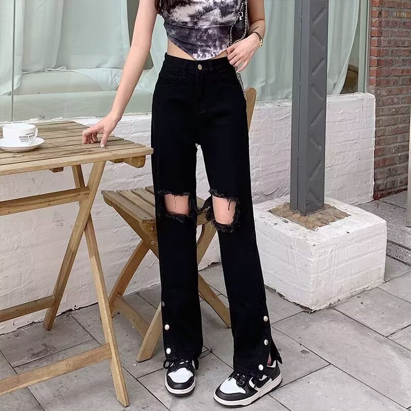 Black High-Waisted Jeans Women's Clothing 2025 Cross-Border Autumn New Style Ripped Four-Button Slit Straight Pants Women's Dropshipping