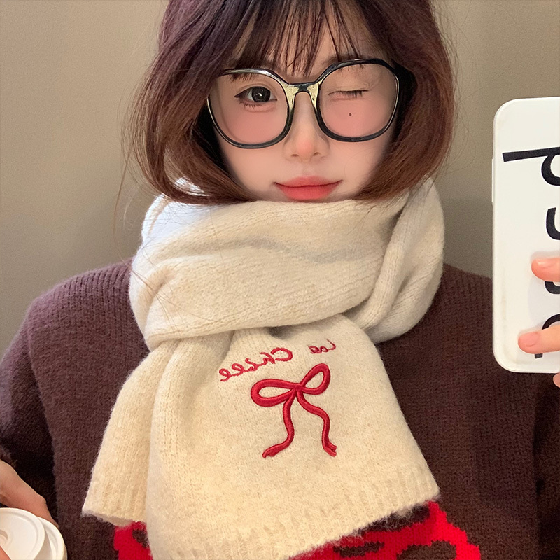 复古英文刺绣针织围巾女2025年秋冬季韩系氛围感可爱保暖护颈围脖|undefined