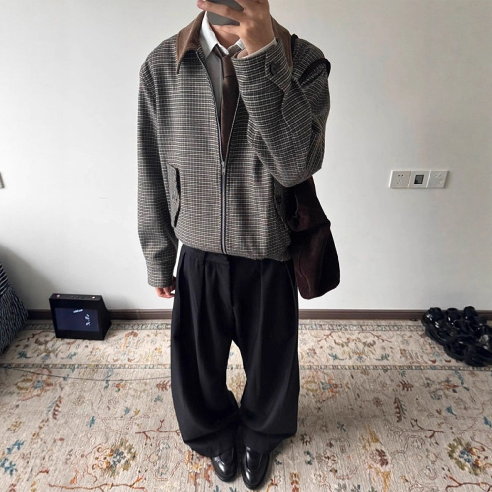 Houndstooth Corduroy Lapel Jacket Men's Autumn Design Long-Sleeved Top Retro Old Money Style Short Jacket