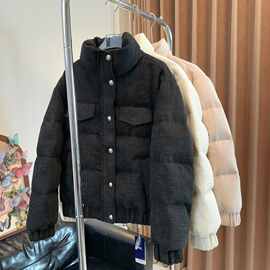 时髦小香风粗花呢立领单排扣拉链口袋鹅绒服南油冬季新品工厂批发