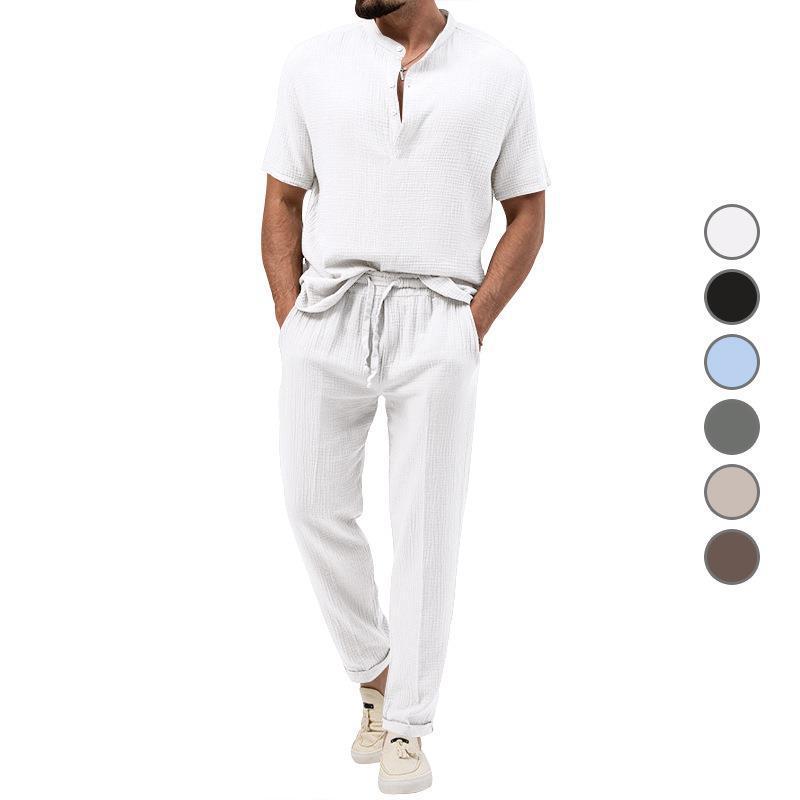 Men's Casual 3-Piece Outfit, Short Sleeve T-Shirt & Shirt With Trousers, Solid Color Summer Lounge Set_viptrois.com