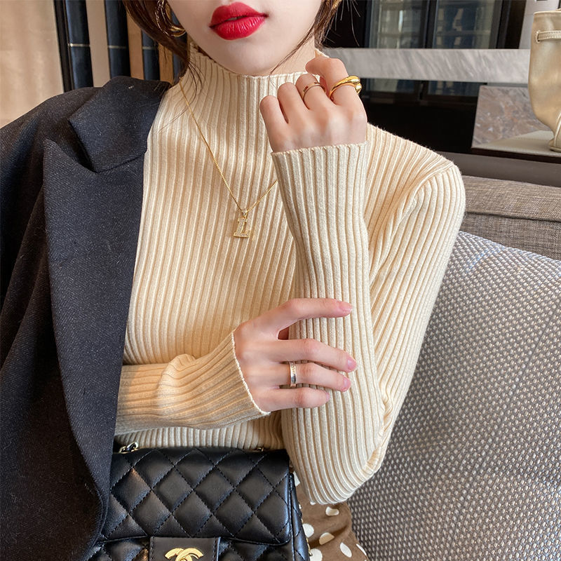 Women's Autumn and Winter Stylish Cotton Base Shirt, New Thickened Turtleneck Sweater with Ribbed Design, Slim Fit and Warm Top
