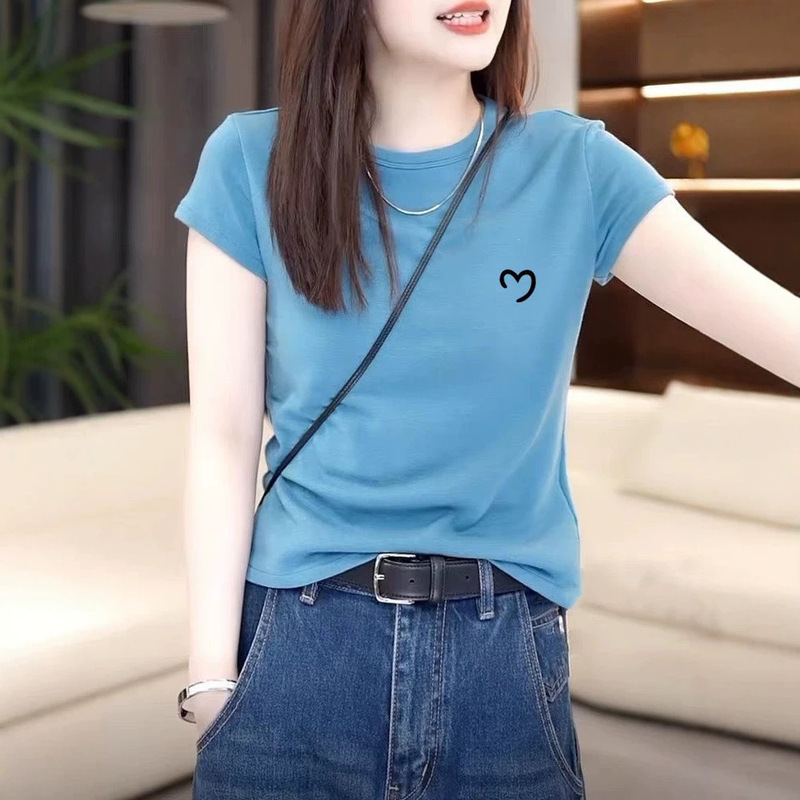 2026 New Style Pure Cotton Round Neck Short-Sleeve T-Shirt for Women, Slim Fit, Versatile, Stylish, Age-Reducing Top, Summer Base Shirt