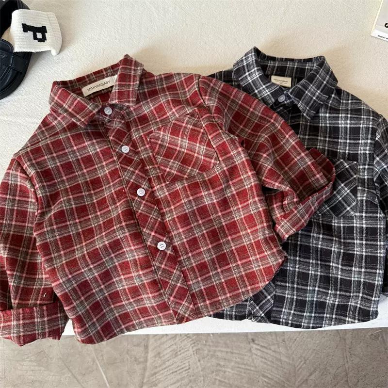 儿童衬衫2025眯眯眼秋季新品男女童磨毛格子衬衫宝宝简约衬衣外套