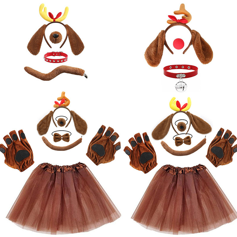 2025 クリスマス鹿の角ヘアバンド、ぬいぐるみ犬耳付きクリスマス帽子、レッグウォーマー、手袋、漫画犬コスプレ|undefined
