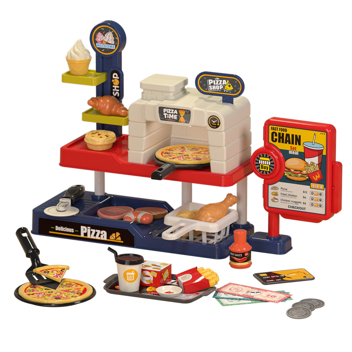 Simulación infantil transfronteriza mini-supermercado sushi mesa de pizza tarjeta de tarjeta de tarjeta de compra caja registradora hamburguesas juegos caseros