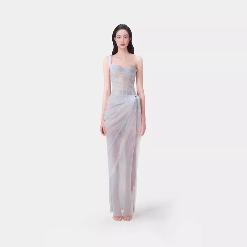 2026 Summer Light Gauze Strapless Dress Gown Salt-Style Mesh Dress for the Beach
