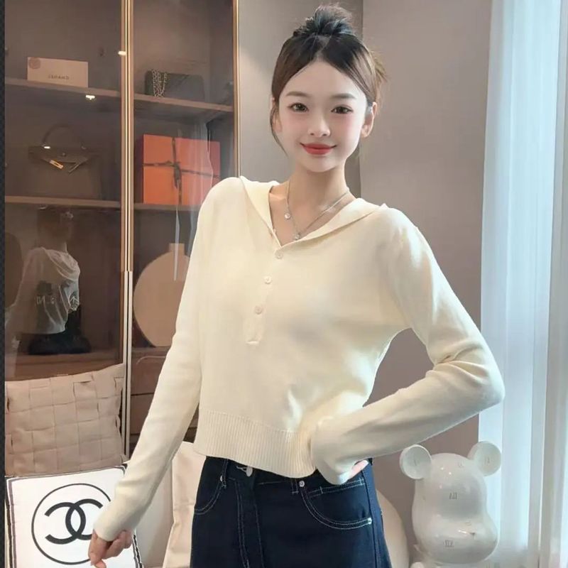 美式辣妹黄色连帽针织衫女秋季设计感修身收腰长袖毛衣内搭短上衣|undefined