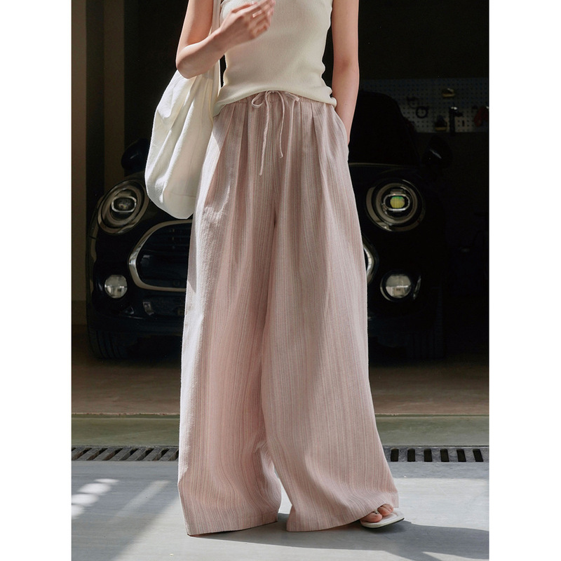 Lou Fu Summer New Korean East Gate Lazy Striped Linen Wide Leg Casual Pants Loose Comfortable Sun Protection Pants Women