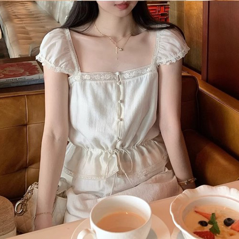 Spot Mint Jasmine Tencel Acetate French Lace Shirt Women's Summer New Square Neck Short Sleeve Top