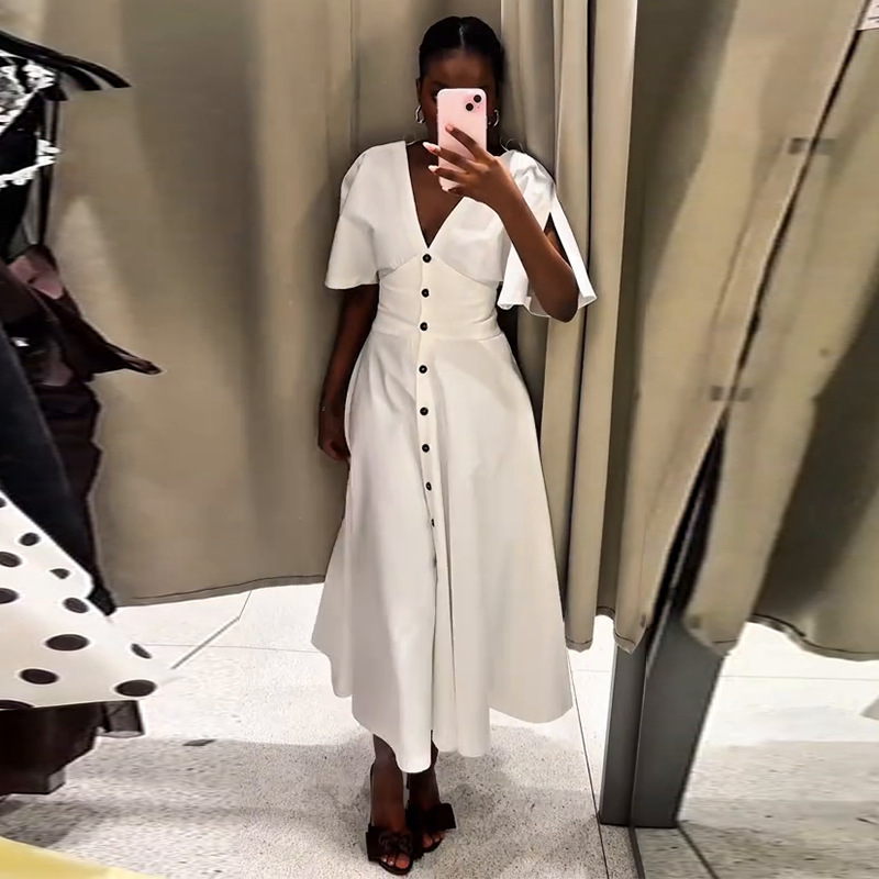 2025 新しいヨーロッパとアメリカのアマゾンクロスボーダー外国貿易婦人服 V ネックスリムウエスト白スリットスリーブドレス|undefined