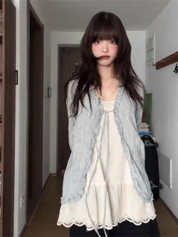 2025 新しい夏の韓国服スーツ女性のレトロチェック柄レースアップブラウスサスペンダーカジュアルパンツ 3 点セットトレンディ|undefined