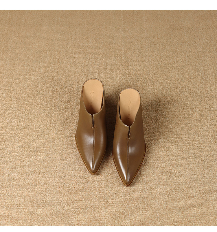 Giày mule nữ da bò mũi nhọn gót cao 7 cm phong cách Âu Mỹ — đen chi tiết 13