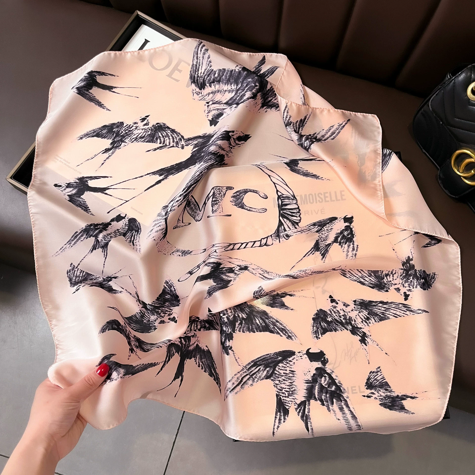 Silk retro fashionable handkerchief, scarf, 2023
