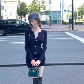 年智性巴尔曼小香风千金感修身收腰针织长袖连衣裙女图片色