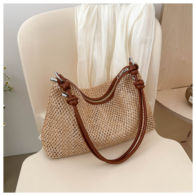 114g Weight Polyester Lining Material Weave Fashion Element Zipper Closure Type Single Shoulder Strap Strap Type Underarm Bag Bags Type Daily, Street, Shopping Occasion Straw Material New Year Festival Solid Color Pattern All Seasons Season Women's Gender Streetwear Style Square Shape Large Size Women's Large Straw Solid Color Streetwear Weave Square Zipper Underarm Bag 2