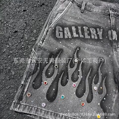 境外直销新款欧美潮流个性烫钻牛仔短裤慵懒风高街小众阔腿五分裤