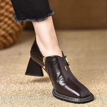 中口高跟鞋女2025春秋新款欧货方头粗跟一脚蹬时装皮鞋气质单鞋女