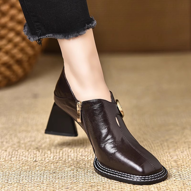 中口高跟鞋女2025春秋新款欧货方头粗跟一脚蹬时装皮鞋气质单鞋女