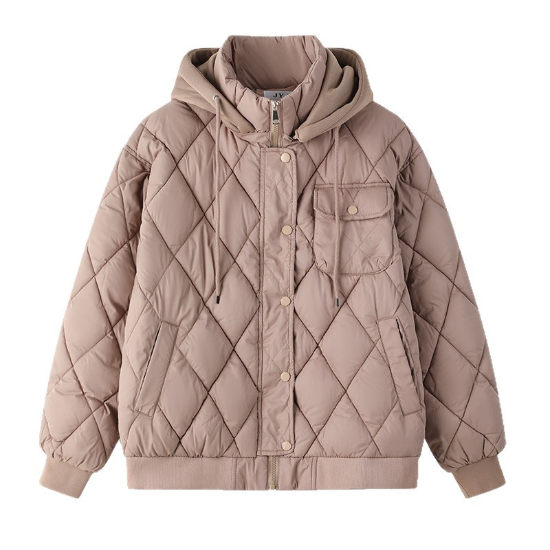 Exportación de comercio exterior 2025 nuevo invierno falso de dos piezas de algodón algodón de malla empalmado sudadera con capuchón algodón mujer engrosado