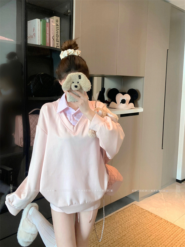 甜美学院风条纹拼接翻领假两件卫衣半身裙女2025秋季新款时尚套装|undefined