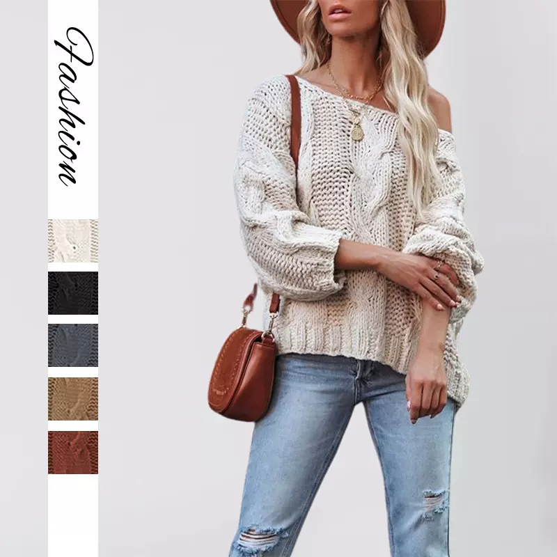 2025秋冬跨境亚马逊新款欧美街头风一字领麻花套头宽松大码毛衣女