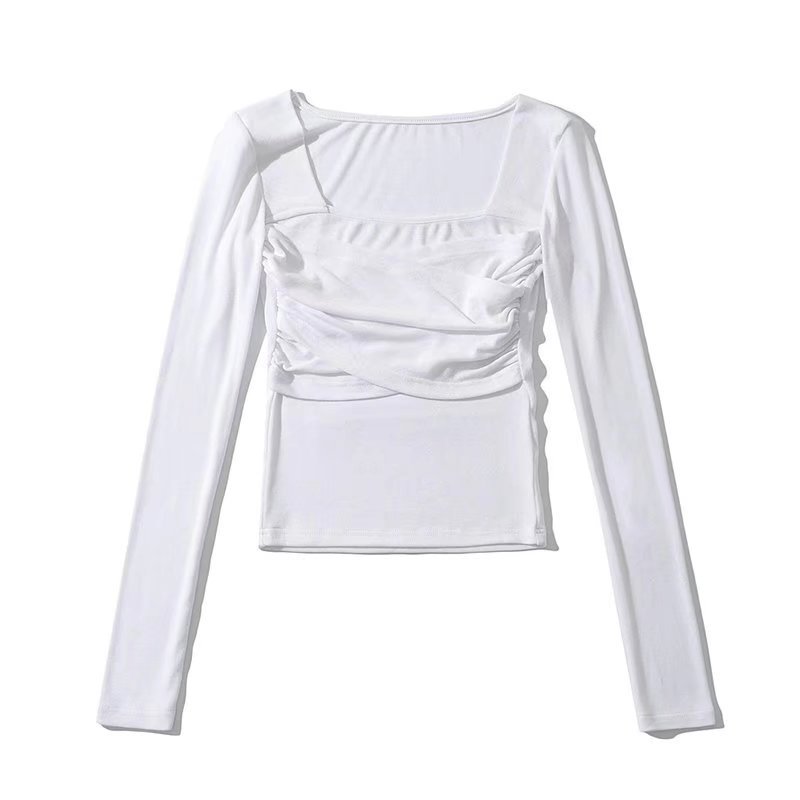 Pleated Solid Color Square Collar Long-Sleeved Slim Top NSAM114824