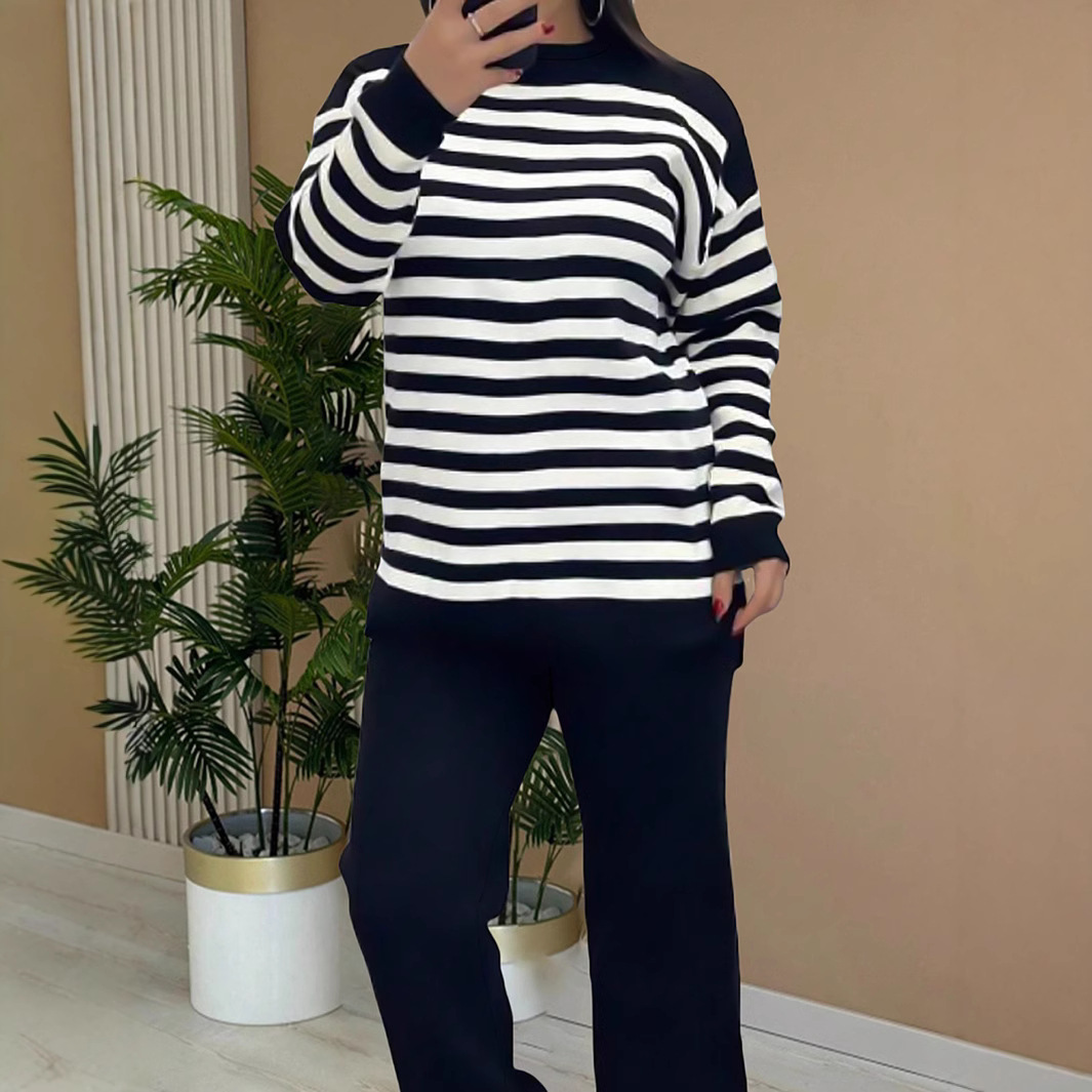 Women's Striped Color Block Two Piece Set Long Sleeve Crew Neck Top with Solid Color Bottom for Spring Autumn Winter_ecoleips.com