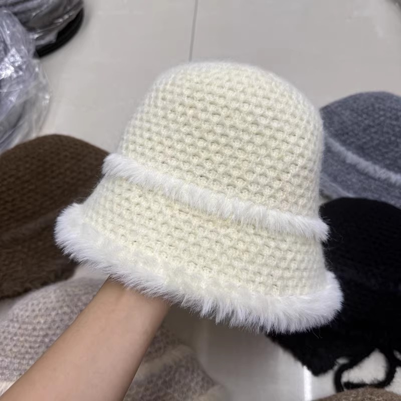2025新款细绳蝴蝶结后开叉毛绒针织渔夫帽子女秋冬季保暖毛线盆帽|undefined