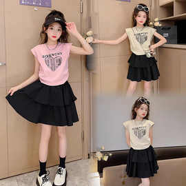 夏季新款中大童洋气时髦童装网红女孩两件套女童韩版无袖套装夏装