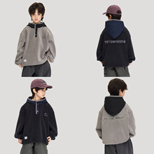 2025冬季新款儿童字母刺绣双面绒卫衣男中大童保暖连帽山系外套潮