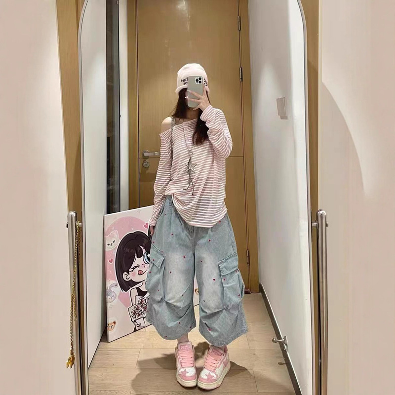 美式复古高街条纹多口袋工装牛仔裤女满印爱心百搭甜妹宽松七分裤|undefined