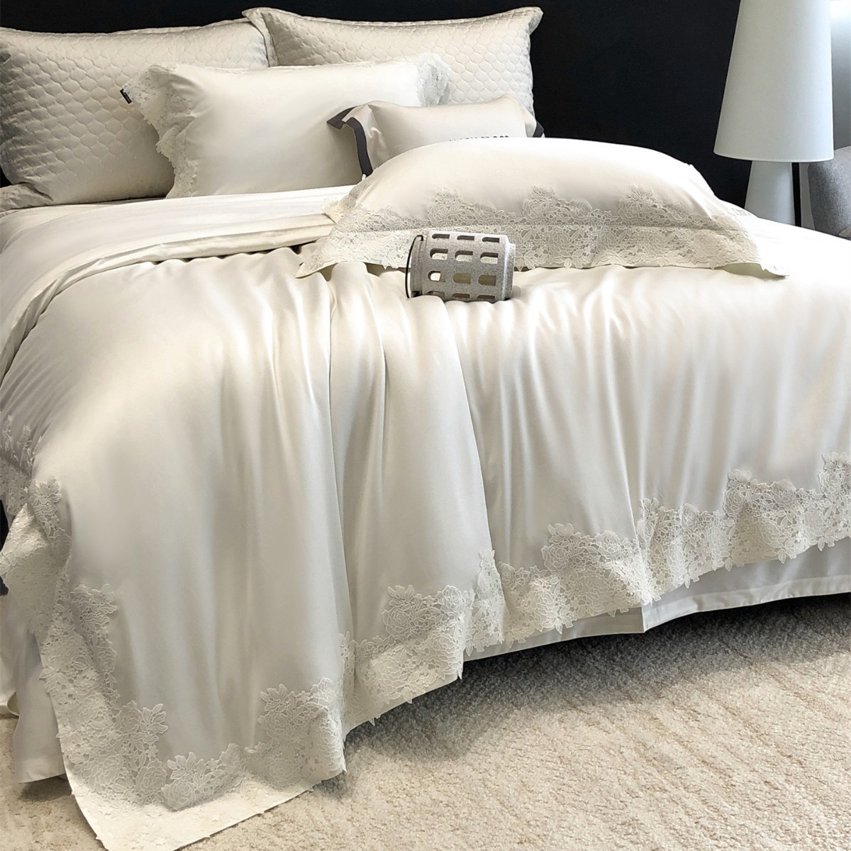 French-Style Sweet Lace Trim Tencel Cotton Brushed Four-Piece Set, Ultra-Soft, Naked-Feel, Warm Bedding and Home Textiles 12