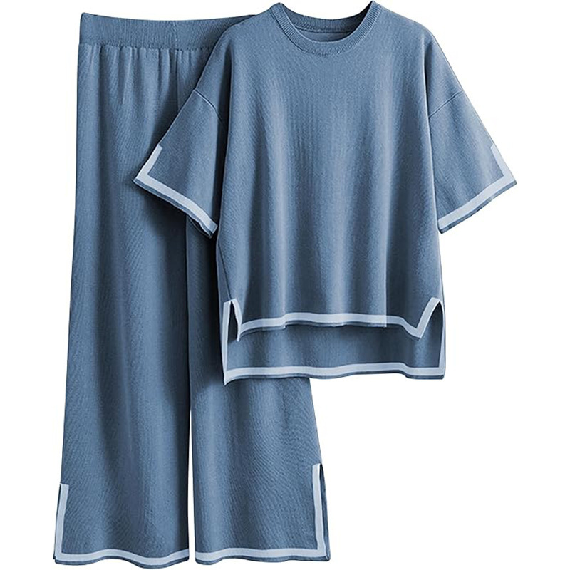 新しいファッションスーツ、コントラストカラーのスリット半袖セーター+ハイウエストスリムワイドレッグパンツ2点セット|undefined