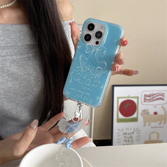 蓝底线条蝴蝶结天使适用iPhone16苹果15ProMax手机壳14新款13小众