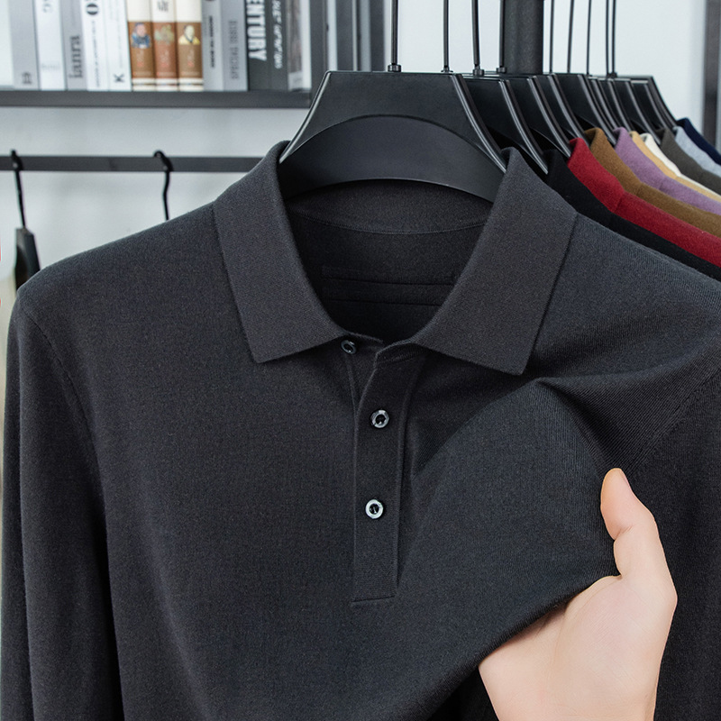 Mulberry Silk Cashmere Knitwear Men's Autumn and Winter New Classy Accessible Luxury Pure Color Lapel Men's Long-Sleeved Polo Shirt